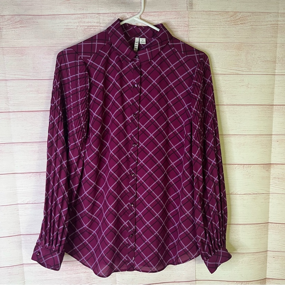 Elle Purple Ruched Long Sleeve Diagonal‎ Pattern Button Front Blouse Size XS